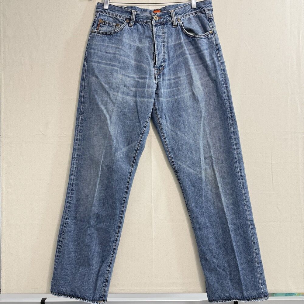Hugo Boss Men Straight Jeans 36x34 Blue Denim Button Fly Straight leg